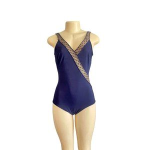 Vintage 80s Roxanne Bra Sized One piece Swimsuit in Blue & Gold M size 10 32 ret